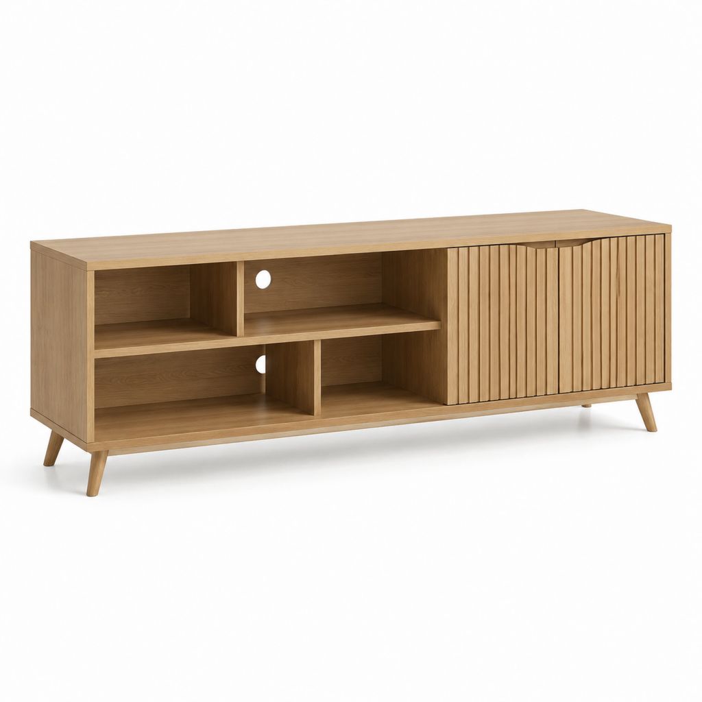 Meuble TV avec rangement chêne clair MDF plaqué chêne rectangulaire 160 x 40 x 60 cm