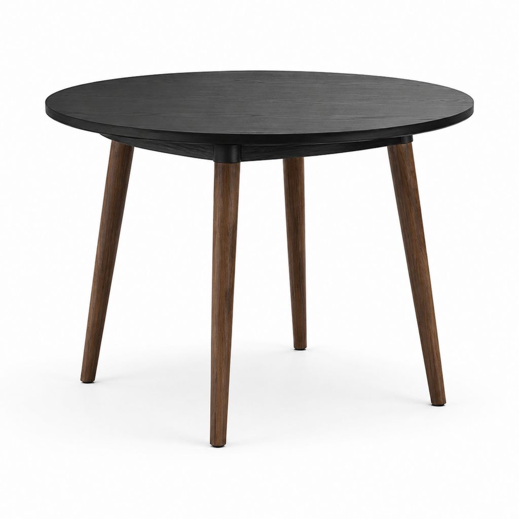 Table à manger ronde noire et noyer en MDF plaqué chêne et bois massif diamètre 100 cm hauteur 75 cm