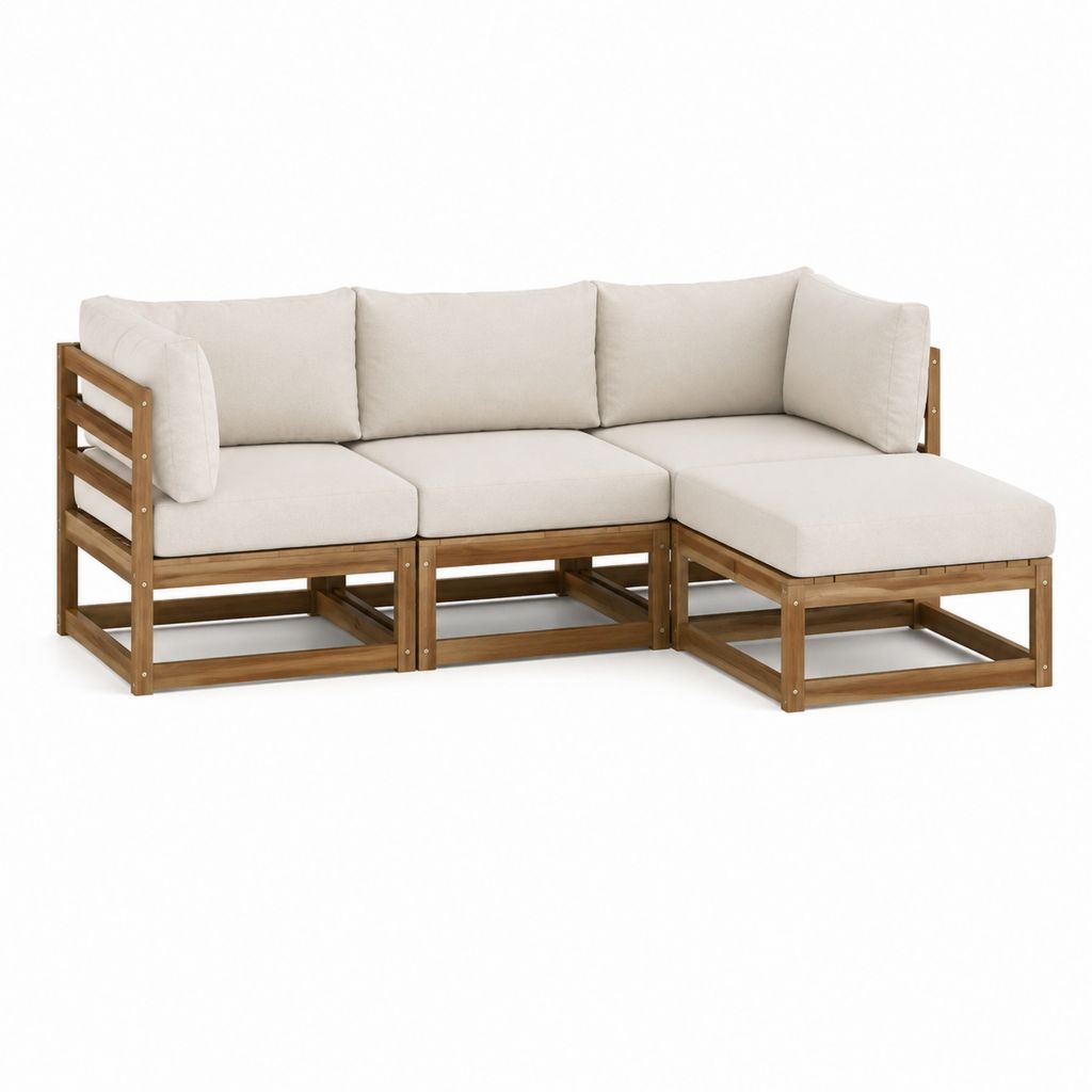 Salon de jardin d'angle 3 pièces en bois d'acacia beige avec coussins 210 x 140 x 63 cm