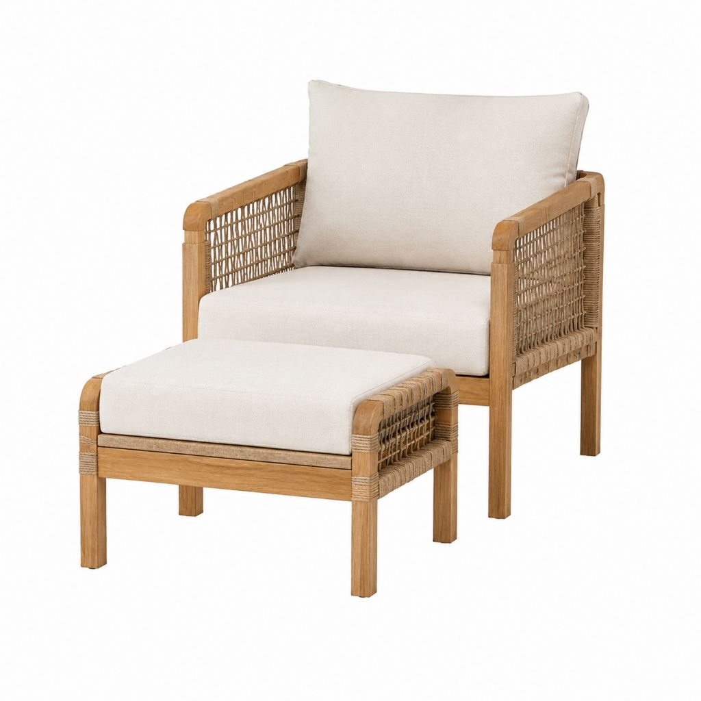 Fauteuil de jardin avec repose-pieds beige en bois d'acacia et corde tressée 75 x 80 x 78 cm