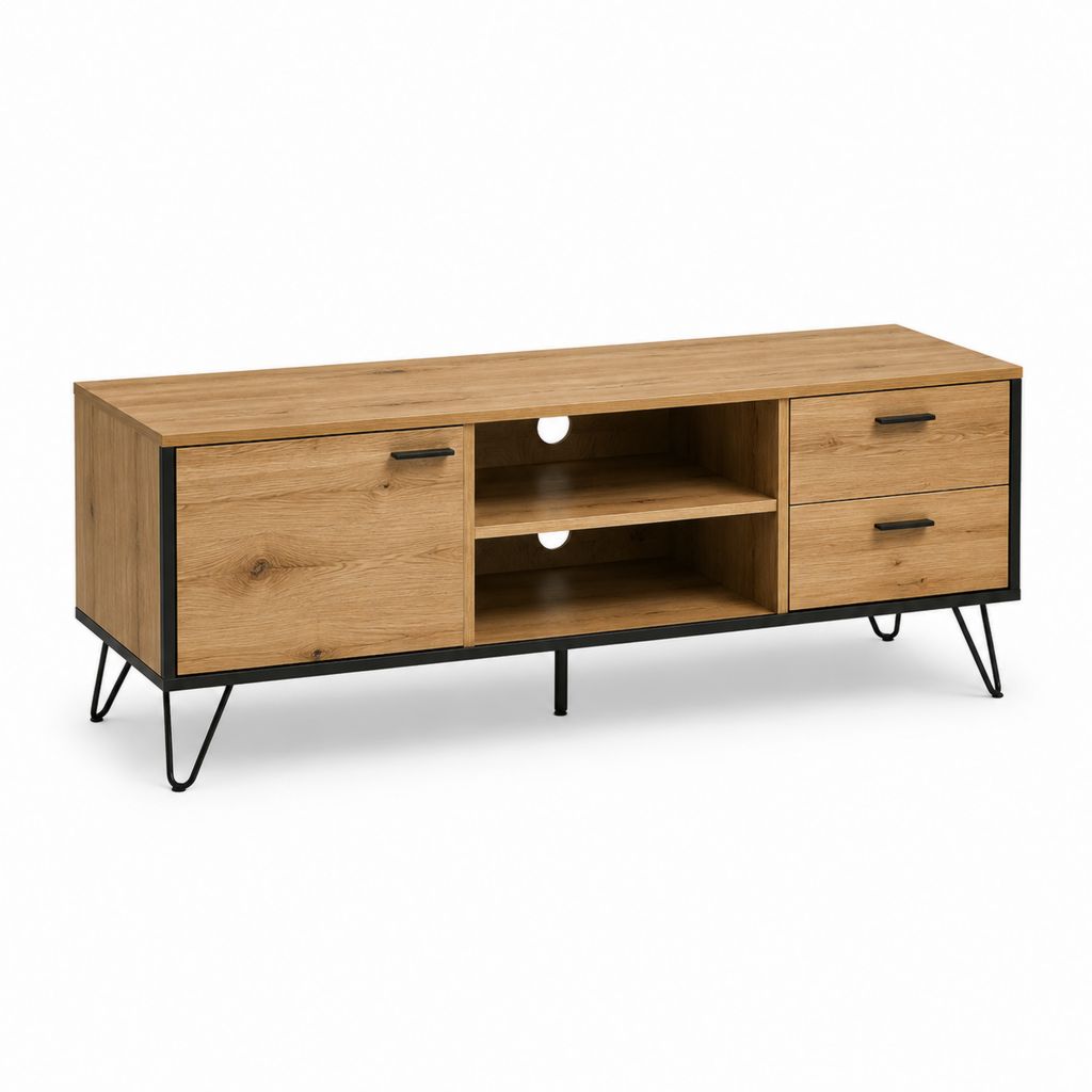Meuble TV 160 cm chêne et acier noir avec porte tiroirs et niches ouvertes