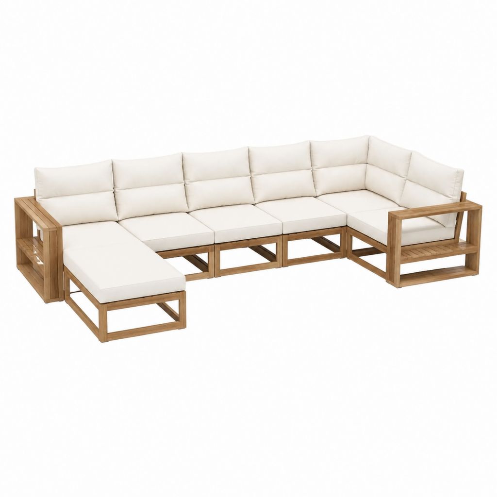 Salon de jardin d'angle 6 places beige en acacia massif 330 x 230 x 70 cm