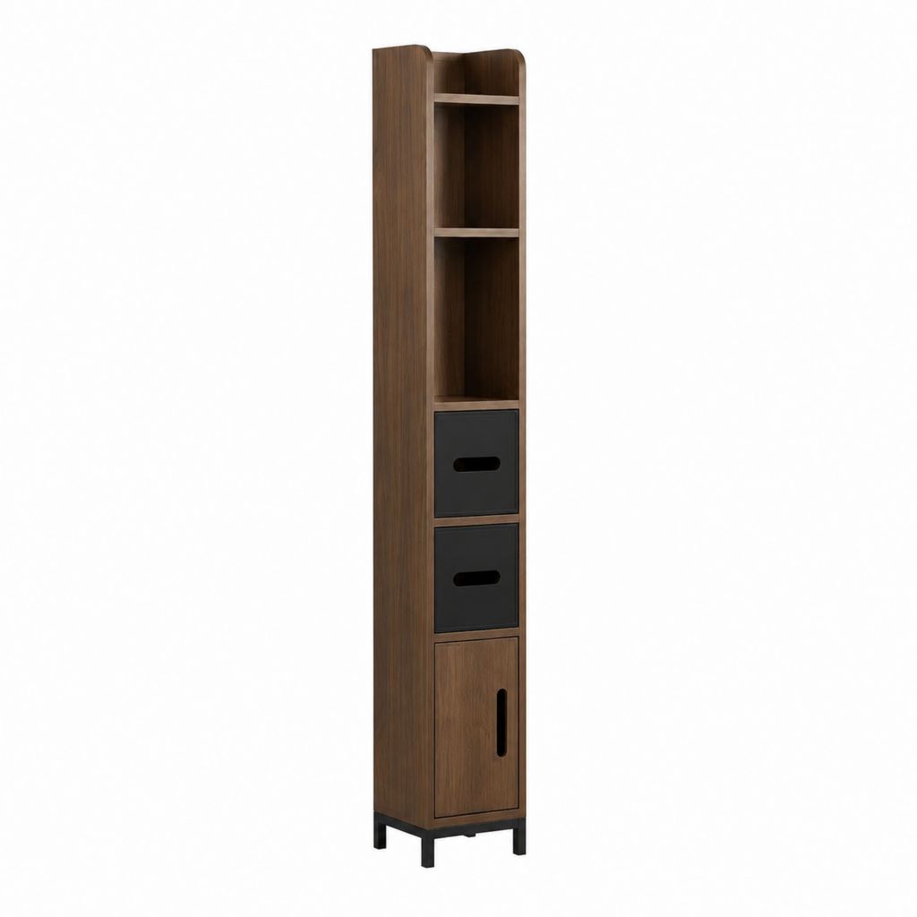 Colonne de salle de bain marron en MDF 35 x 30 x 170 cm avec étagères tiroirs et placard