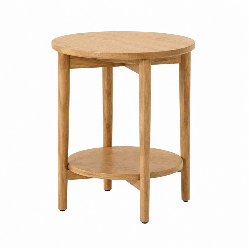 Table basse d'appoint ronde en chêne massif naturel avec étagère Ø50 x H60 cm
