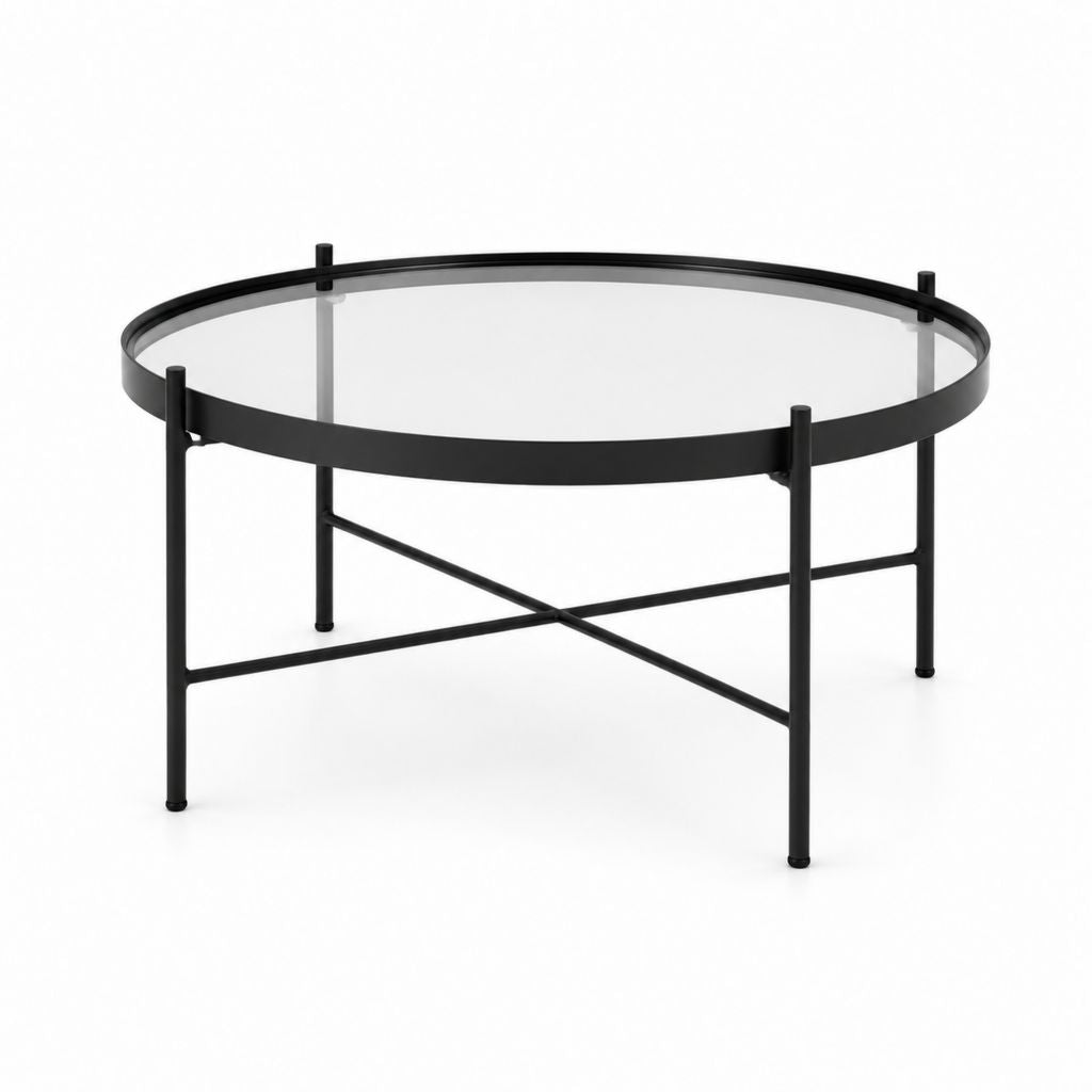 Table basse ronde noire en acier et verre transparent Ø 80 cm hauteur 45 cm