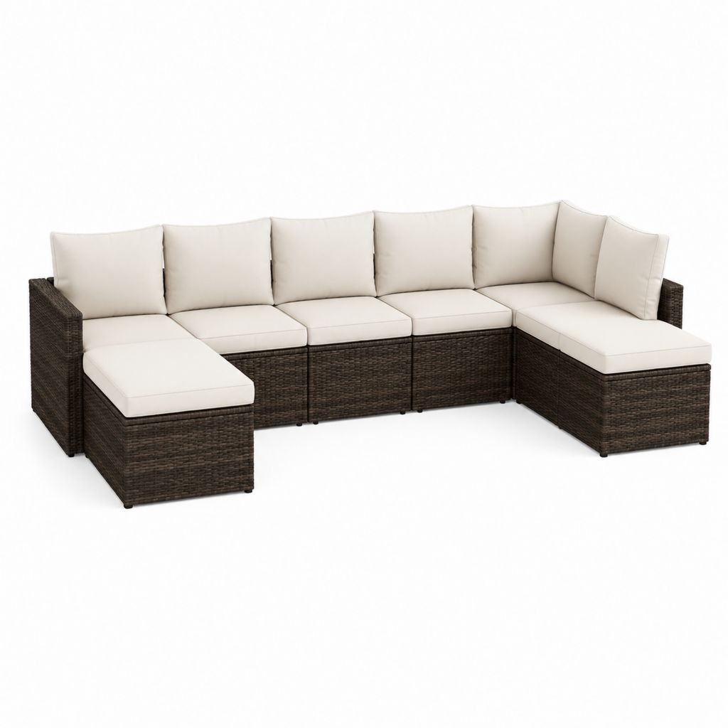 Salon de jardin modulable 6 places en résine tressée PE marron avec coussins beige en U 350 x 140 x 65 cm