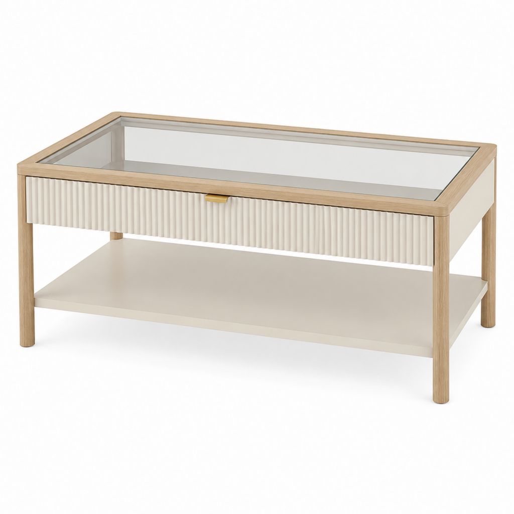 Table basse rectangulaire beige en bois d'hévéa et verre trempé 100 x 60 x 45 cm avec tiroir et étagère