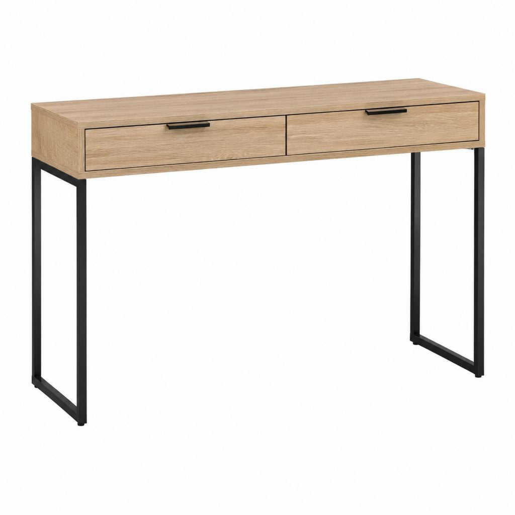 Console d'entrée rectangulaire 2 tiroirs chêne clair MDF et acier noir 120 x 40 x 75 cm