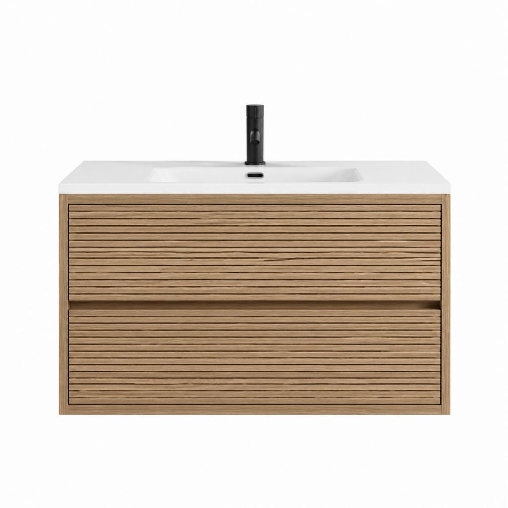 Ensemble meuble sous vasque suspendu en chêne naturel avec vasque blanche rectangulaire et mitigeur noir 100 x 46 x 55 cm