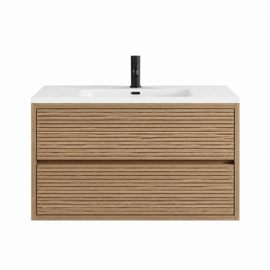 Ensemble meuble sous vasque suspendu en chêne naturel avec vasque blanche rectangulaire et mitigeur noir 100 x 46 x 55 cm