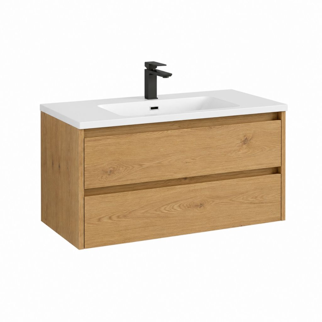 Meuble sous vasque suspendu avec lavabo blanc chêne naturel en MDF 100 x 46 x 54 cm
