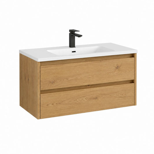 Meuble sous vasque suspendu avec lavabo blanc chêne naturel en MDF 100 x 46 x 54 cm