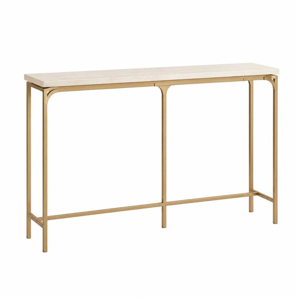 Console d'entrée rectangulaire beige et doré en panneau MDF décor travertin et acier 120 x 35 x 75 cm