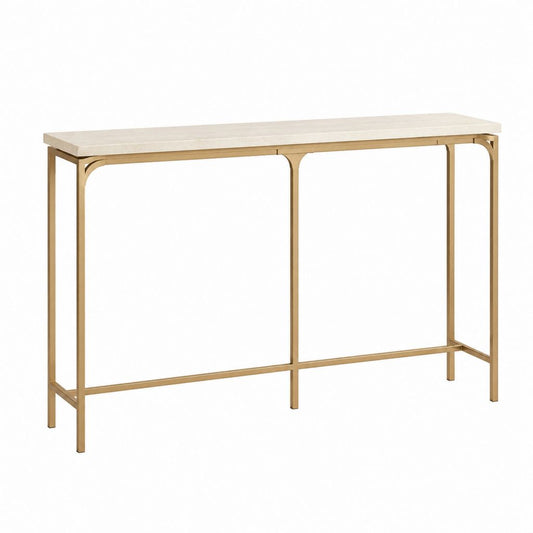 Console d'entrée rectangulaire beige et doré en panneau MDF décor travertin et acier 120 x 35 x 75 cm