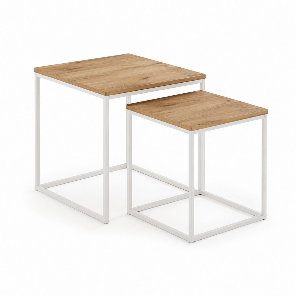 Set de 2 tables basses gigognes carrées chêne clair MDF acier blanc 70 x 70 x 45 cm et 60 x 60 x 35 cm