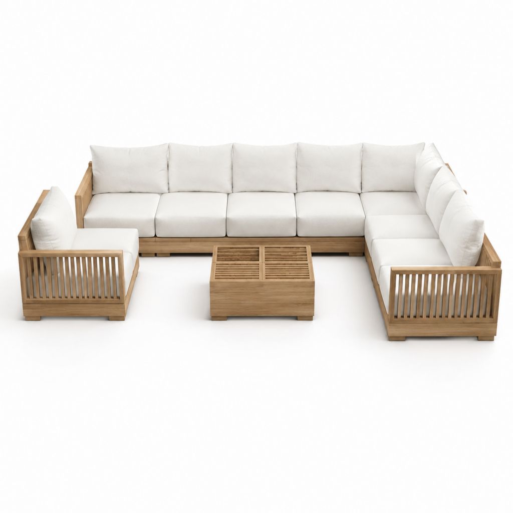 Salon de jardin en U 7 places avec table basse beige et teck massif 390 x 270 cm