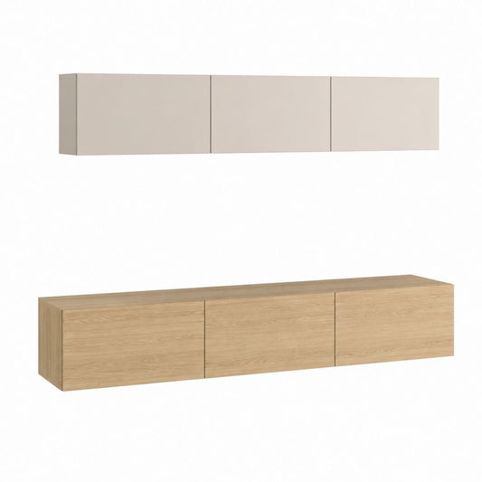 Ensemble meuble TV mural rectangulaire beige et chêne clair en panneaux de particules mélaminés 240 x 40 x 45 cm