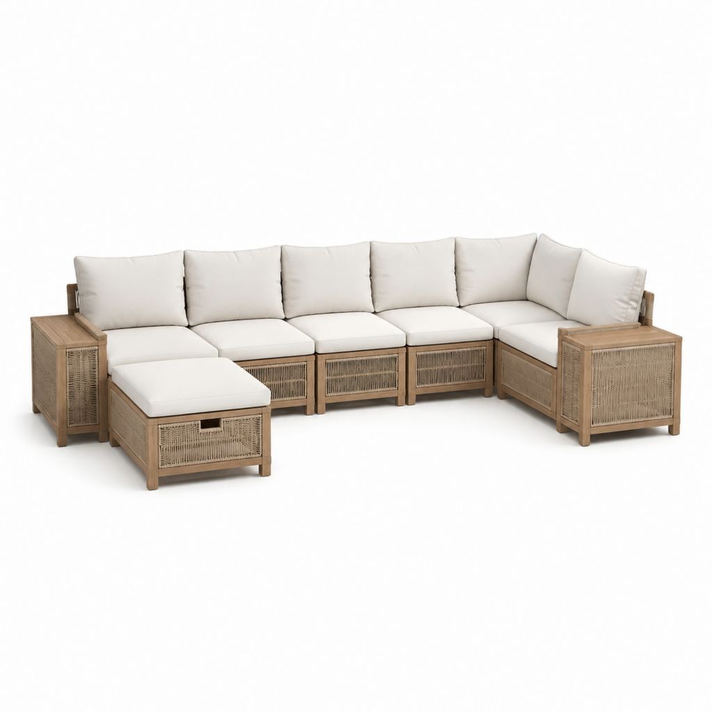 Salon de jardin d'angle 6 pièces beige en acacia et résine tressée avec coussins 320 x 240 x 75 cm